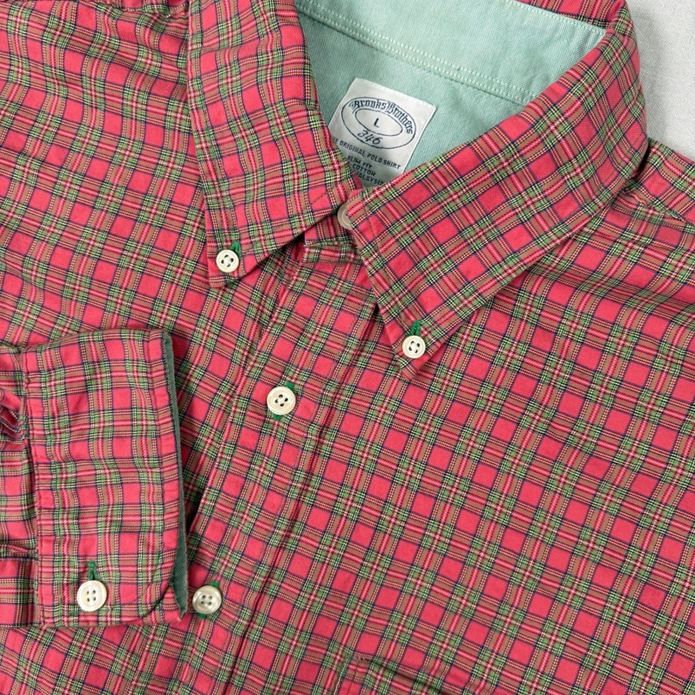 Brooks Brothers 346 Shirt Mens Large Slim Fit Red‎ Green Plaid Button Down